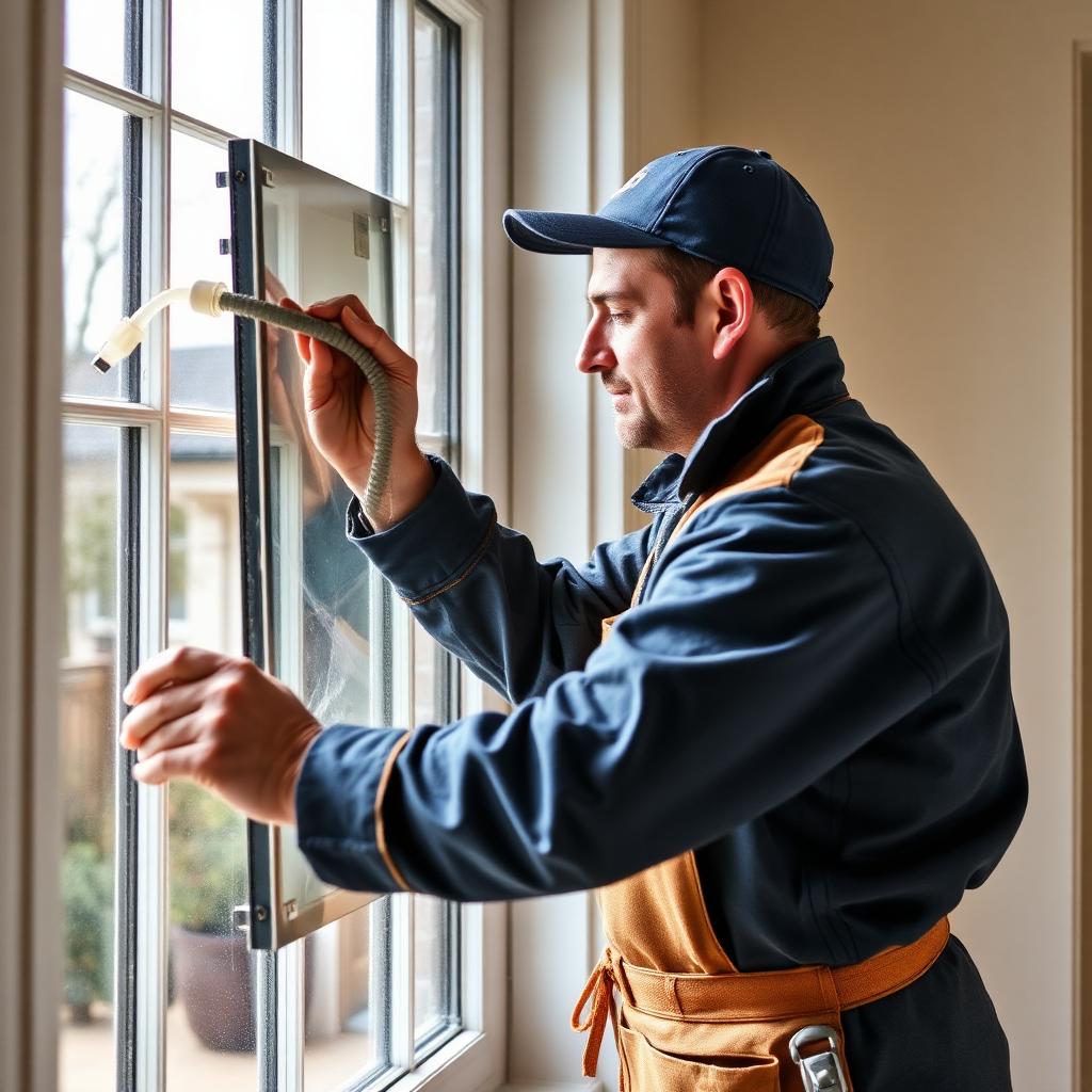 Glazier installing a window pane in a home